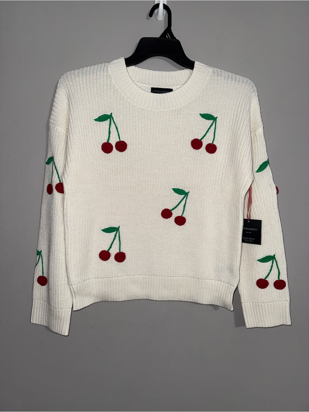 Cynthia Rowley Cherry Embroidered Crewneck Sweater Medium